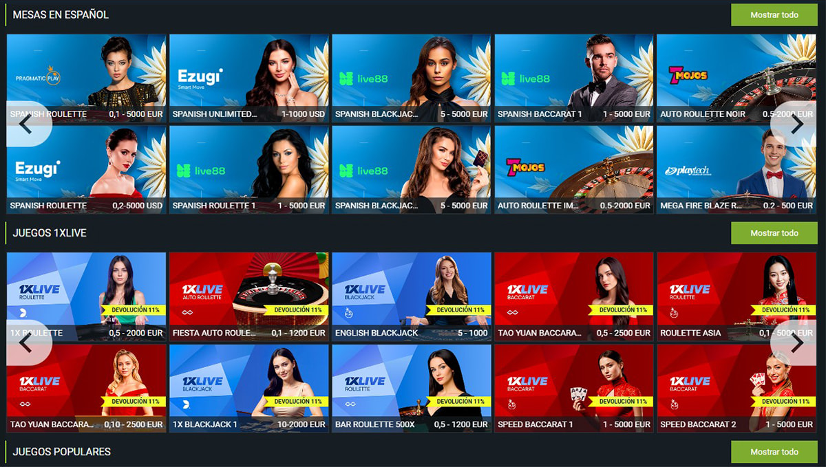 Ruletas, blackjack y otros juegos de mesa en 1xbet.