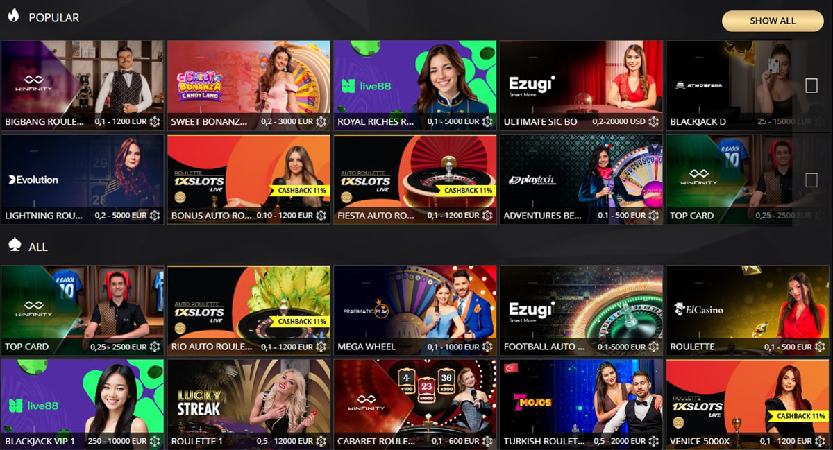 Ruletas, blackjack y otros juegos de mesa en 1xslots.